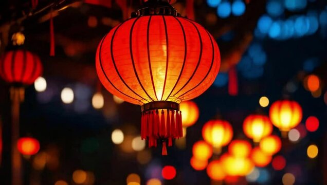 Red hanging lantern traditional Asian decor on night street. A symbol of Chinese culture. Chinese lantern festival. Motion animation