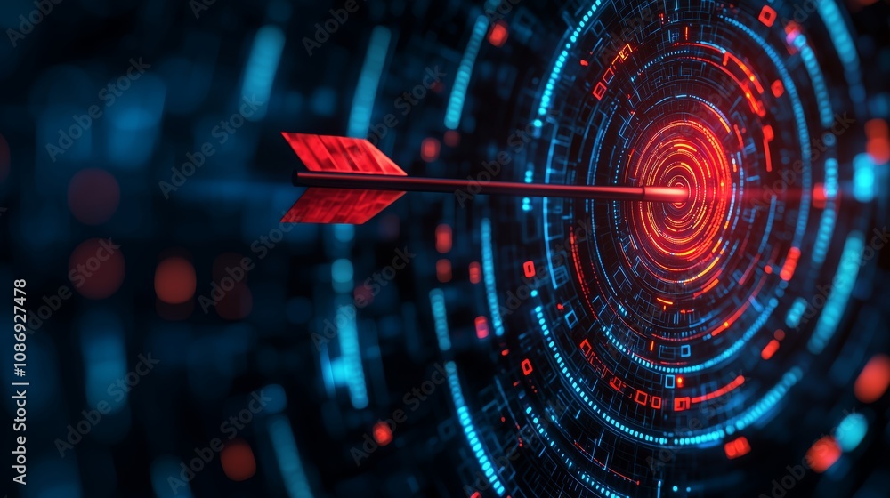Poster abstract digital dartboard with an arrow hitting the target, showcasing vibrant colors and intricate