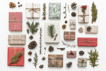 A festive Christmas and New Year holiday background featuring neatly arranged gifts on a white backdrop. Perfect for an elegant Xmas greeting card, with a flat lay design exuding holiday cheer.