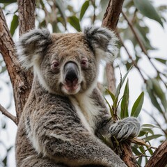 Obraz premium A sleepy koala resting in a tree, the white background enhancing its soft fur.