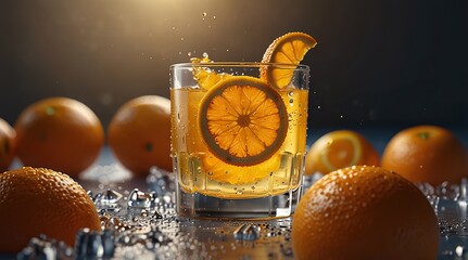 Glass of freshly squeezed orange juice with ice cubes