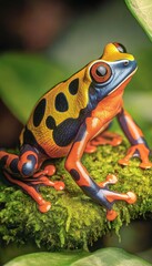 Naklejka premium Vibrant Poison Dart Frog with Striking Colors Perched on Lush Green Moss in Rainforest
