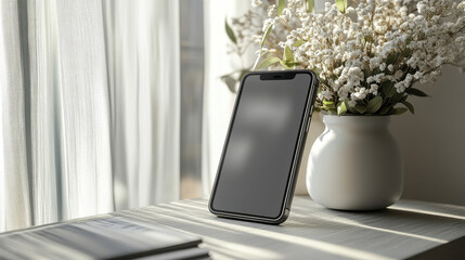 the phone is on the table near the vase