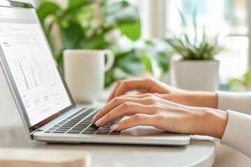 Fototapeta premium A person typing on a laptop in a cozy cafe with a cup of coffee and green plants, creating a warm, inspiring atmosphere.