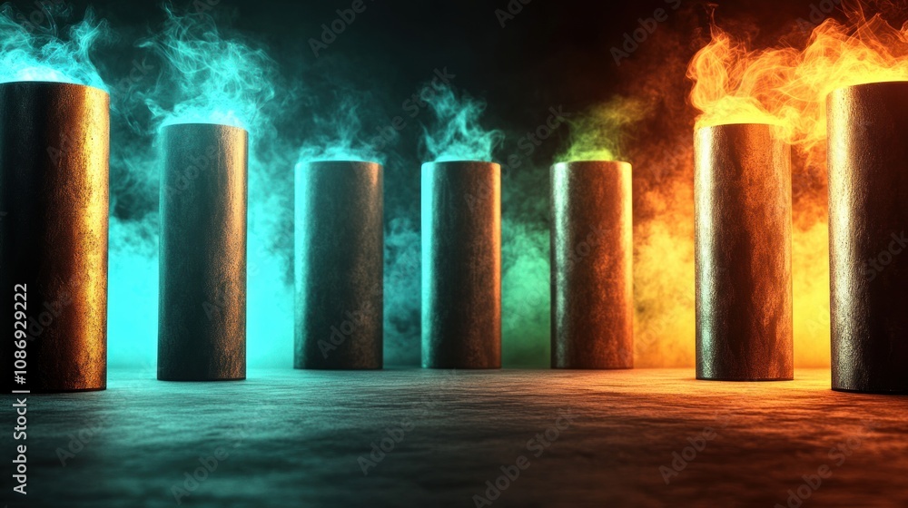 Poster dynamic colorful smoke columns studio setting digital art dramatic atmosphere eye-level view fantasy