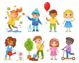 The image depicts cheerful children enjoying outdoor activities like playing with leaves, watering flowers, riding a scooter, and holding balloons, dressed in colorful clothes .