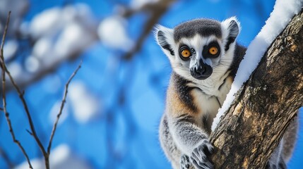 Obraz premium Close-up of a lemur clinging to a snowy tree branch, with a vibrant blue sky in the background