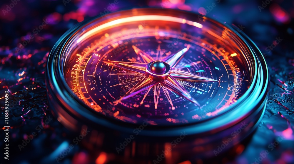 Poster Vibrant Compass with Glowing Details on a Mystical Background Illuminated by Colorful Lights and Sparkling Effects Ideal for Adventure and Navigation Themes