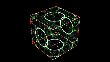 Abstract colors sci-fi cube with particle and line. Vector technology network connection on world. Global digital connections ai. Wireframe cube. Blockchain encryption.
