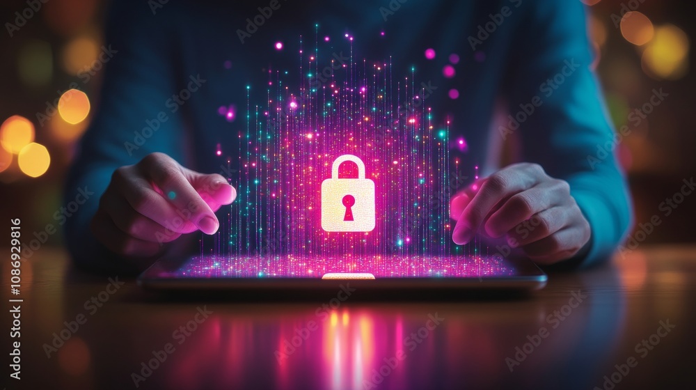 Aufkleber protecting digital data person securing information with a lock symbol hologram above a tablet