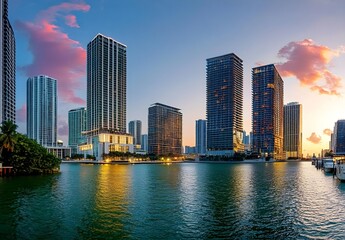 Fototapeta premium Stunning Miami Skyline at Dusk Featuring Tall Buildings Reflected in Calm Waters with Vibrant Clouds in the Sky