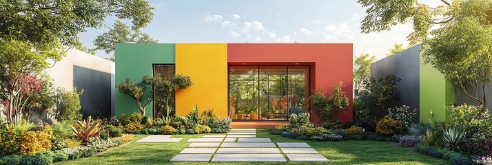 Compact urban house front elevation mockup with vibrant colors and a garden for text and commercial use