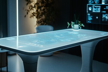 Futuristic Interactive Table with Projected Interface and Ambient Lighting
