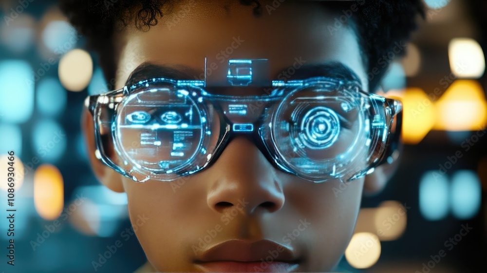 Poster cyber man with augmented reality eye screen, showing interface symbols and neon elements in a high-t
