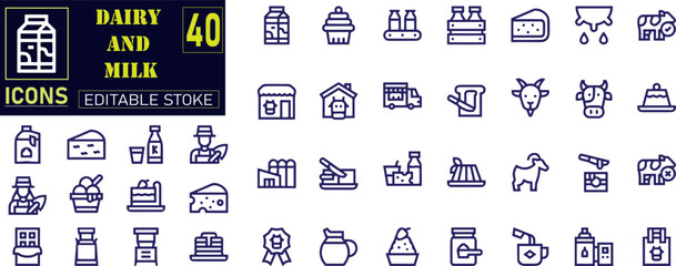 Dairy products line icon set. Cottage cheese, sour cream, porridge, kefir, parmesan, mozzarella, gouda, yogurt vector illustrations.