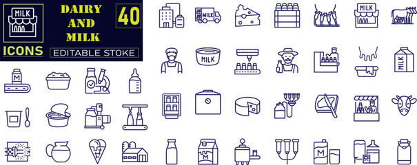 Dairy products line icon set. Cottage cheese, sour cream, porridge, kefir, parmesan, mozzarella, gouda, yogurt vector illustrations.