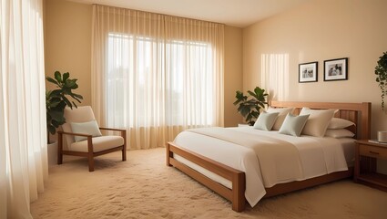 A modern bedroom with a plush bed, soft luxurious linens, and calming natural light, offering the perfect retreat for relaxation