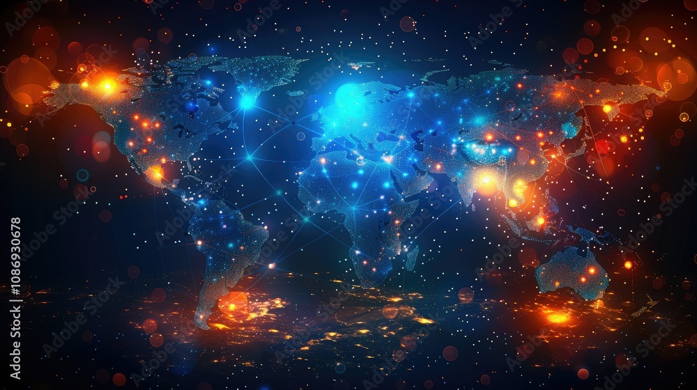 Aufkleber a glowing world map with connected lines and bright lights representing global interconnectedness.