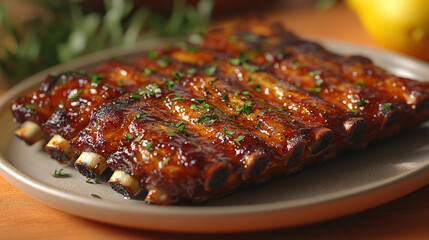 Delicious honey BBQ grilled pork ribs yummy grilled meat sweet and sour sauce vegetables fresh orange background. food photography advertising fashion restaurant cuisine gourmet wallpaper