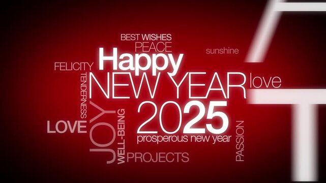 Happy New Year 2025 worldwide New Year's Eve celebration red international wishes word traduction colorful words tag cloud text white greetings animation