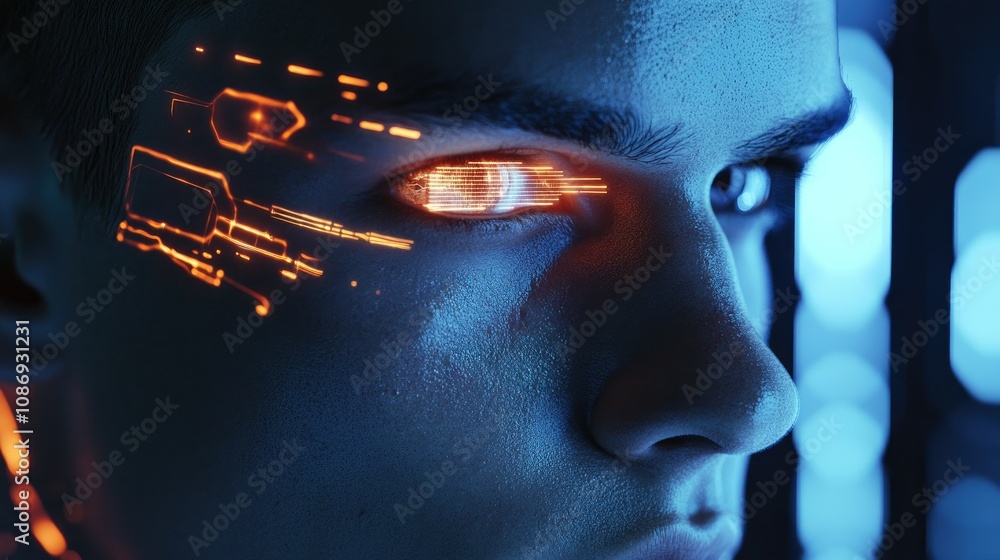 Poster futuristic man with a digital screen eye panel, illuminated with holographic data streams and cybern