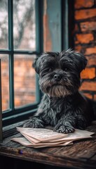 Curious Canine Companion Small Black Dog By Window Reads Restaurant Menu, Rustic Charm