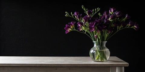 Dark purple freesia flowers in a vase on a minimalist table against a black background, purple flowers, simple, black © Withun