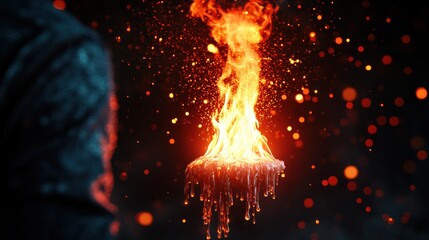 Flaming liquid eruption abstract art digital creation fantasy environment dramatic viewpoint energy concept