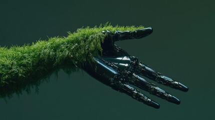 Human arm covered in lush green grass next to a sleek robotic hand, symbolizing green technology fusion and sustainable innovation in a 3D rendered scene