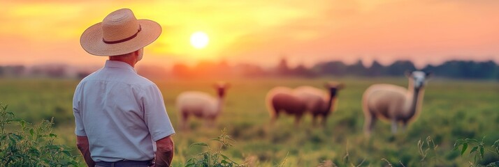 Obraz premium Senior Farmer Amidst Llamas in Golden Hour Meadow A Serene Rural Landscape at Sunset