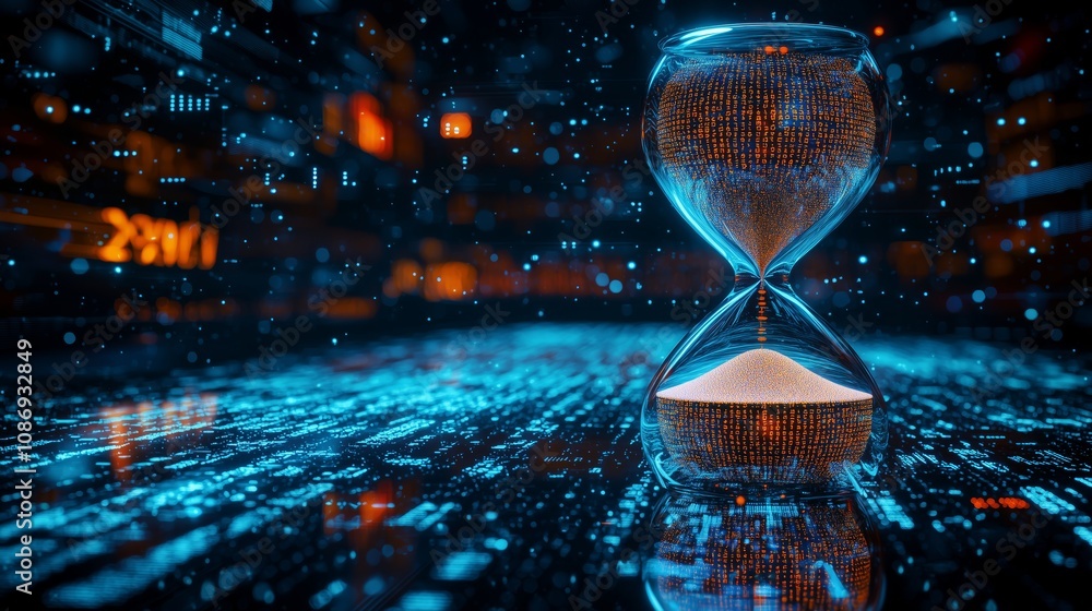 Poster abstract representation of time's passage with an hourglass filled with glowing digital particles ag