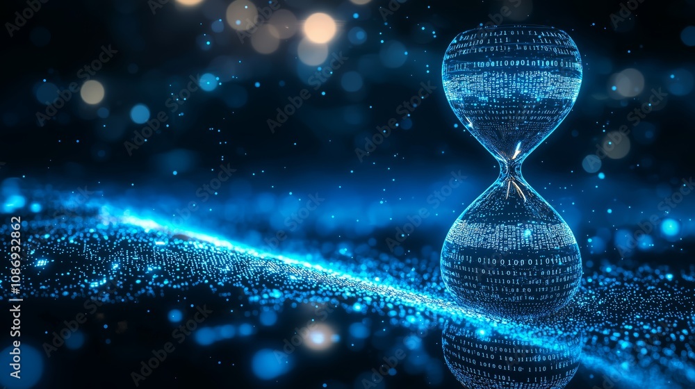 Poster hourglass in digital landscape representing time management and technology with blue glowing particl