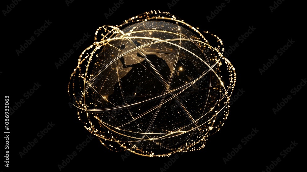 Poster digital representation of a glowing globe surrounded by connective lines and dots illustrating globa