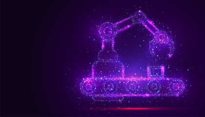 Silhouette of a robotic arm in action made of glowing, multicolored dots, resembling stars. The particles symbolize precision, innovation, and the automation of modern technology.