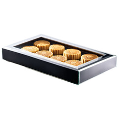 Mooncakes intricately stamped in a transparent glass box high angle shot The