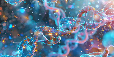 DNA Helix Surrounded by Glowing Viral Particles" "Abstract Biochemical Visualization of Genetic Material and Viruses