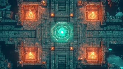 Obraz premium Mystical Teal and Orange Geometric Temple - Aerial View of Ancient Architecture with Glowing Centerpiece. 