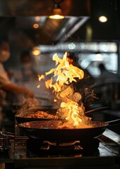 Chef is cooking on the stove flame food cookware.