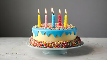 Birthday cake decorated with colorful sprinkles and ten candles