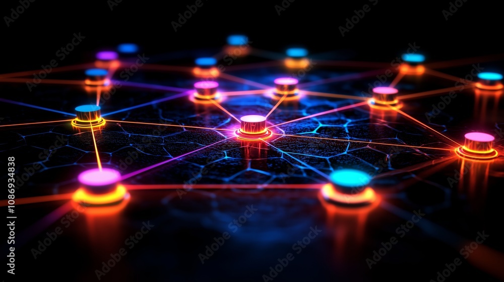 Poster abstract digital network connections with neon glow on dark background, representing data flow, tech