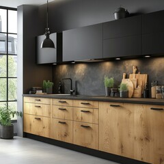 Fototapeta premium Nordic Kitchen with Wood Cabinets