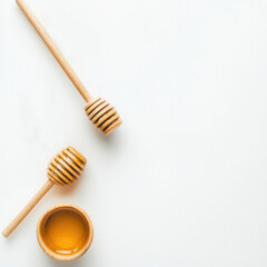 Organic Honey with wooden dipper isolated on white background, healthy food, food blog, minimal background, space for text