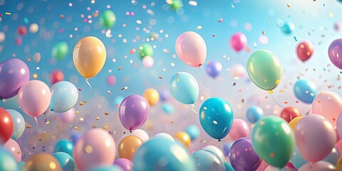 A jubilant array of pastel balloons ascends, adorned with glittering confetti against a bright, airy sky.