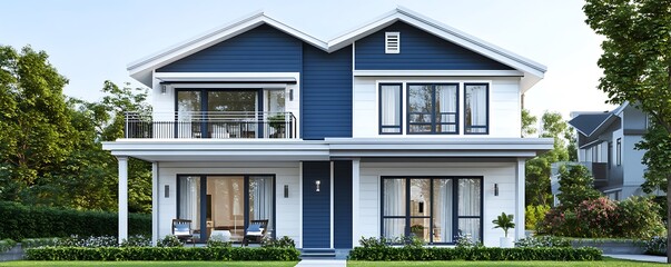 Duplex house front elevation mockup with bold blue and white contrast for text and commercial use