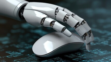 Robotic figure with a mouse in hand, emphasizing AI and human interface, set in a digital background that symbolizes the future of computer interaction