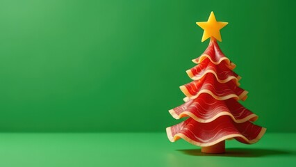 Prosciutto slices arranged in a Christmas tree shape on green background with copy space, for gourmet food and deli business, for greeting card, invitation, postcard, banner, poster