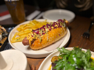 Hot Dog Frankfurter Sausage served at Restaurant.