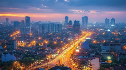 Fototapeta premium Cityscape with a vibrant twilight sky. The photo captures the bustling energy of a modern metropolis at dusk.