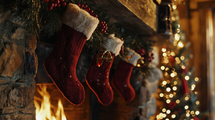 Christmas stockings hanging on the fireplace.