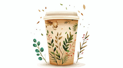 Christmas Paper Coffee Cup With Leaves Vector Illustration